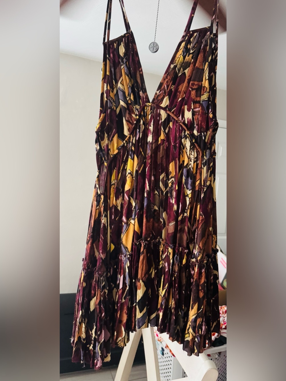 Free People Multicolor Abstract V‑Neck Maxi Dress — Burgundy, Mustard, Brown